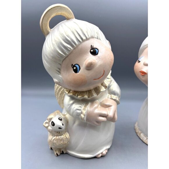 Vtg 1982 2 Pc Ceramic Kissing Angel Figurines Set Lamb Hand Painted Girl Boy - Picture 2 of 7